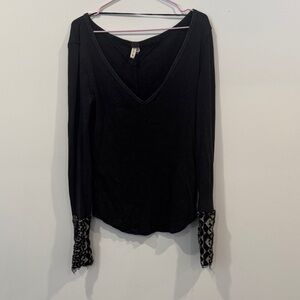 Free People We the Free Waffle Knit V Neck Thermal w/ Contrast Cuffs